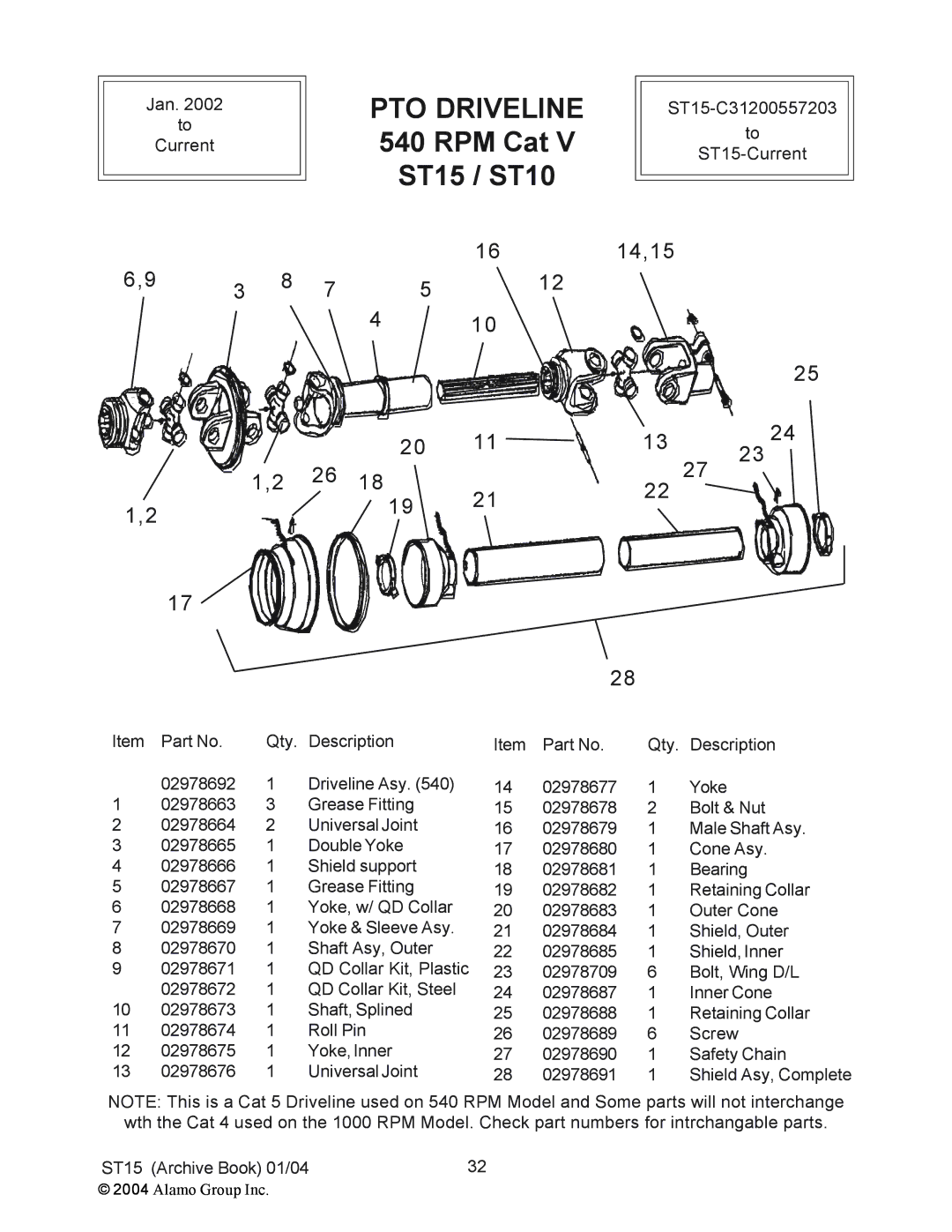 Alamo manual PTO Driveline 540 RPM Cat V ST15 / ST10, 14,15 13 23 