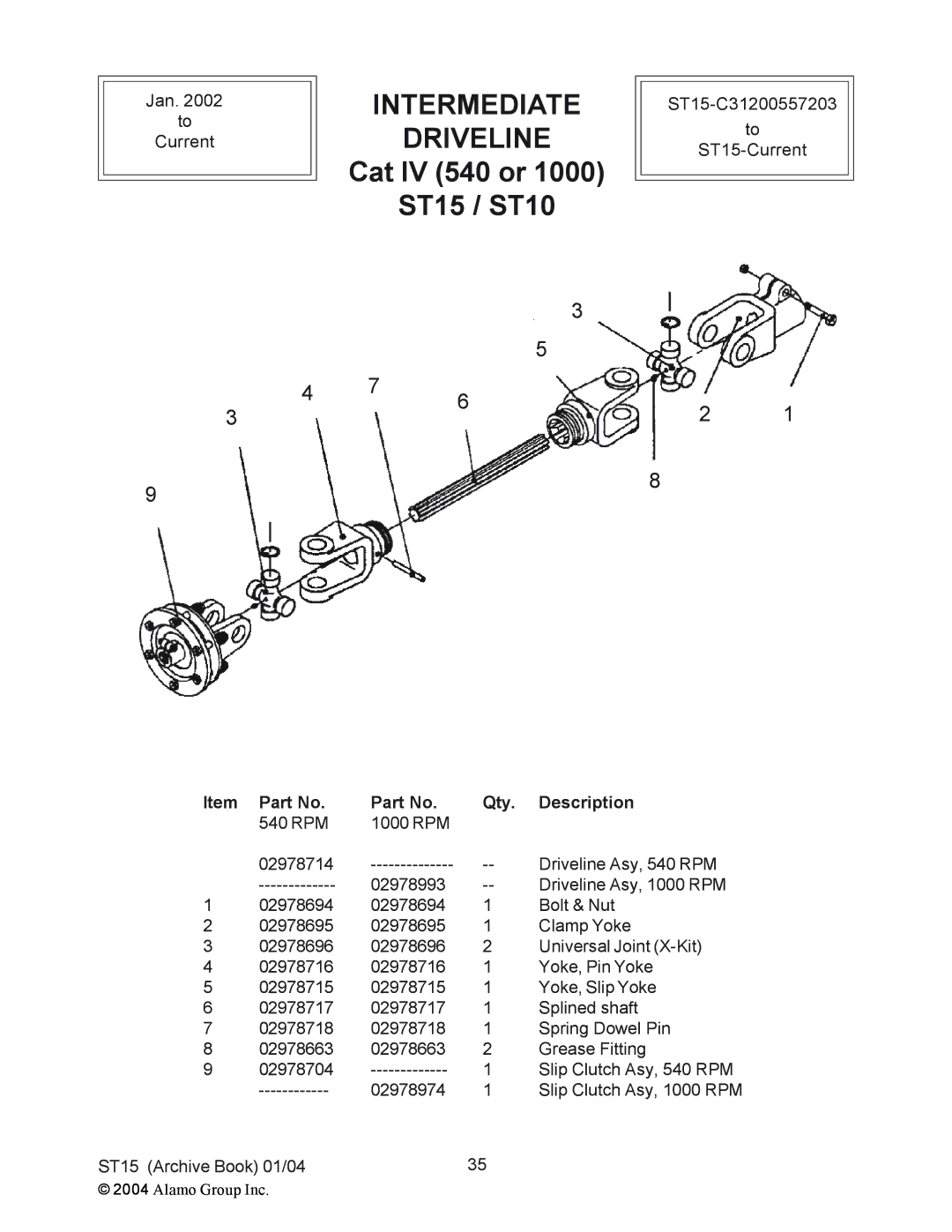 Alamo manual Intermediate Driveline, Cat IV 540 or ST15 / ST10 