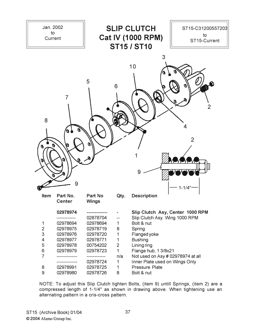 Alamo ST15, ST10 Cat IV 1000 RPM to, Item Part No. Center 02978974, Qty Description Wings Slip Clutch Asy, Center 1000 RPM 