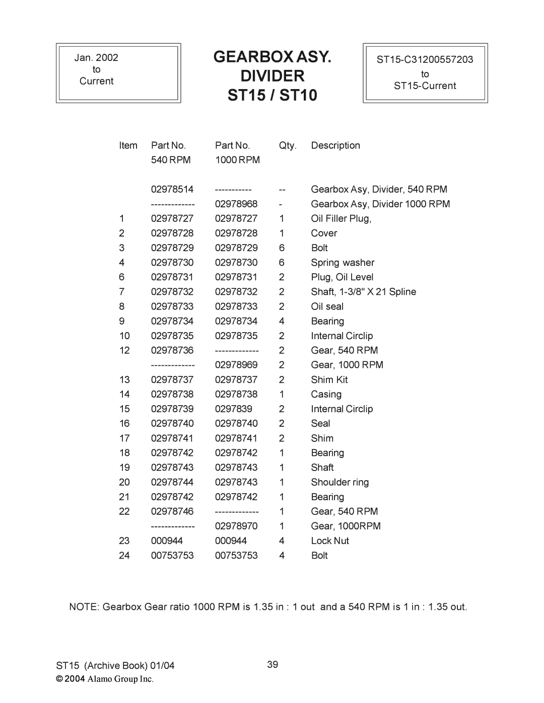 Alamo ST15, ST10 manual Gearbox ASY Divider 