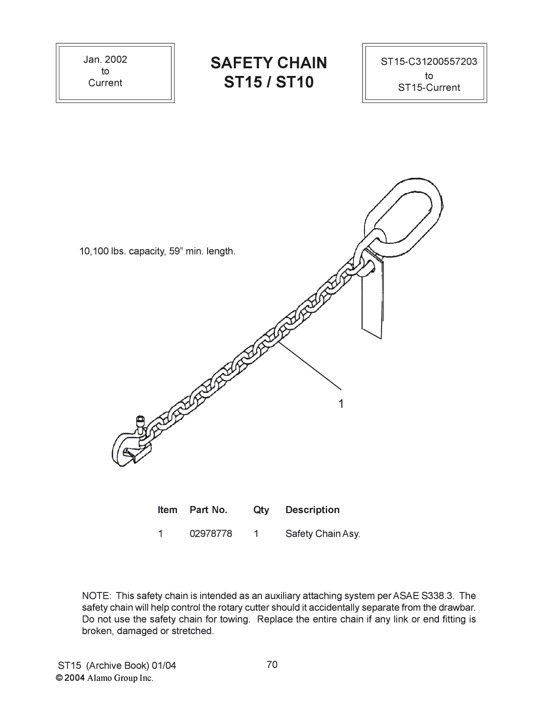 Alamo ST10, ST15 manual Safety Chain, Qty Description 02978778 