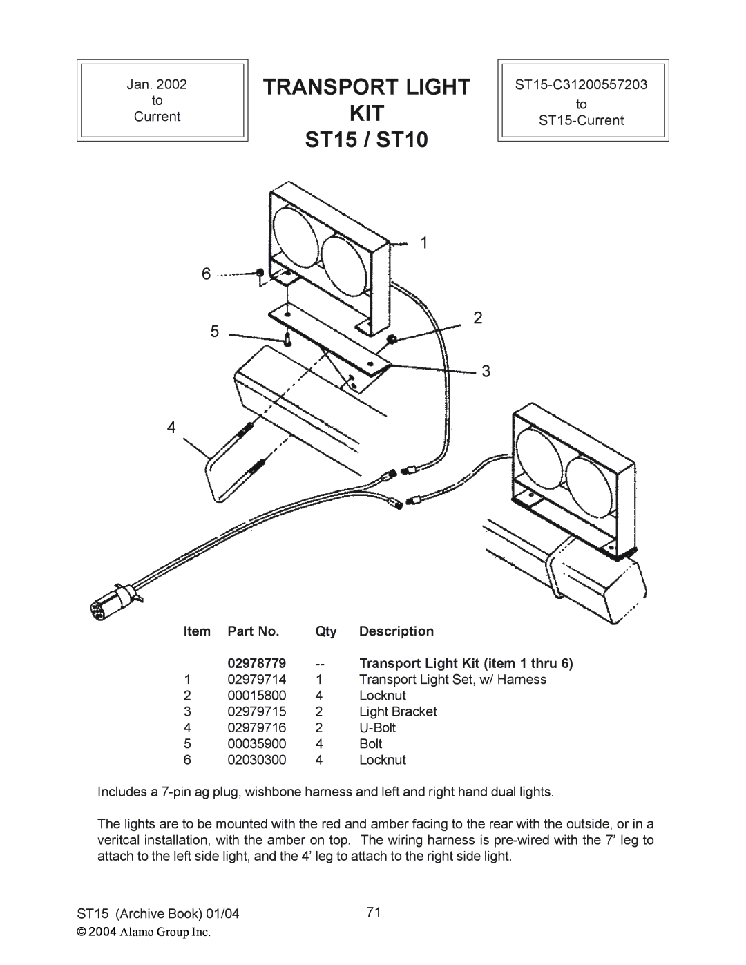 Alamo ST15, ST10 manual Transport Light KIT, Qty Description 02978779 