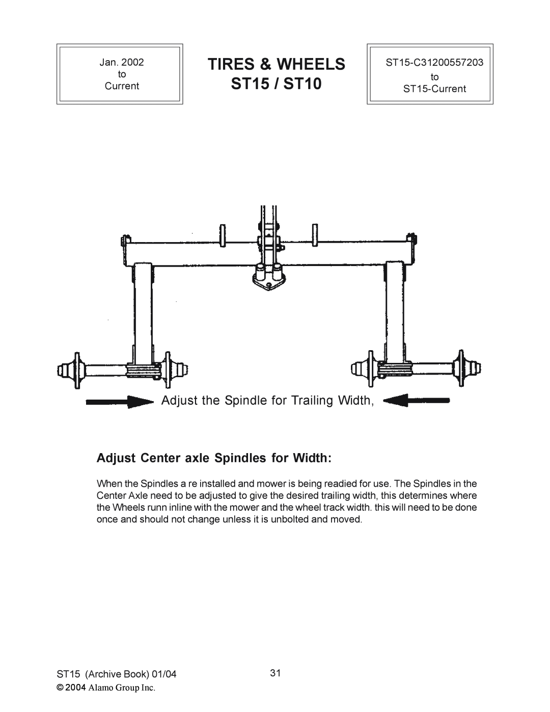 Alamo manual Adjust Center axle Spindles for Width, TIRES & WHEELS ST15 / ST10, Adjust the Spindle for Trailing Width 