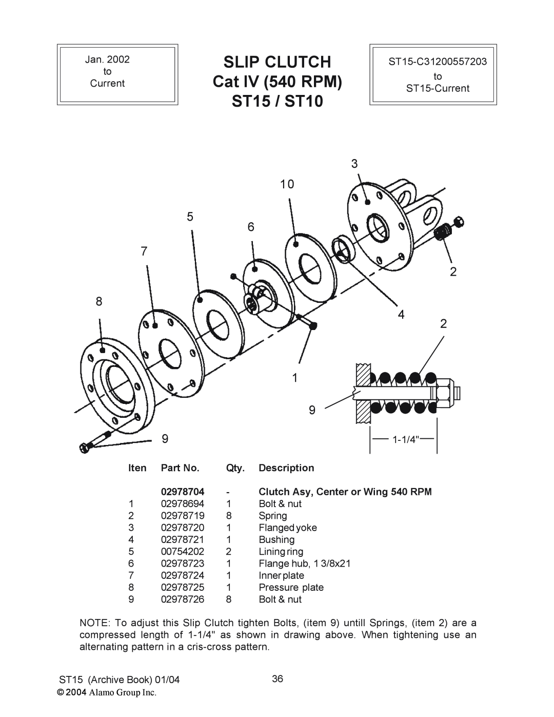 Alamo manual SLIP CLUTCH Cat IV 540 RPM ST15 / ST10, Iten, Description, 02978704, Clutch Asy, Center or Wing 540 RPM 