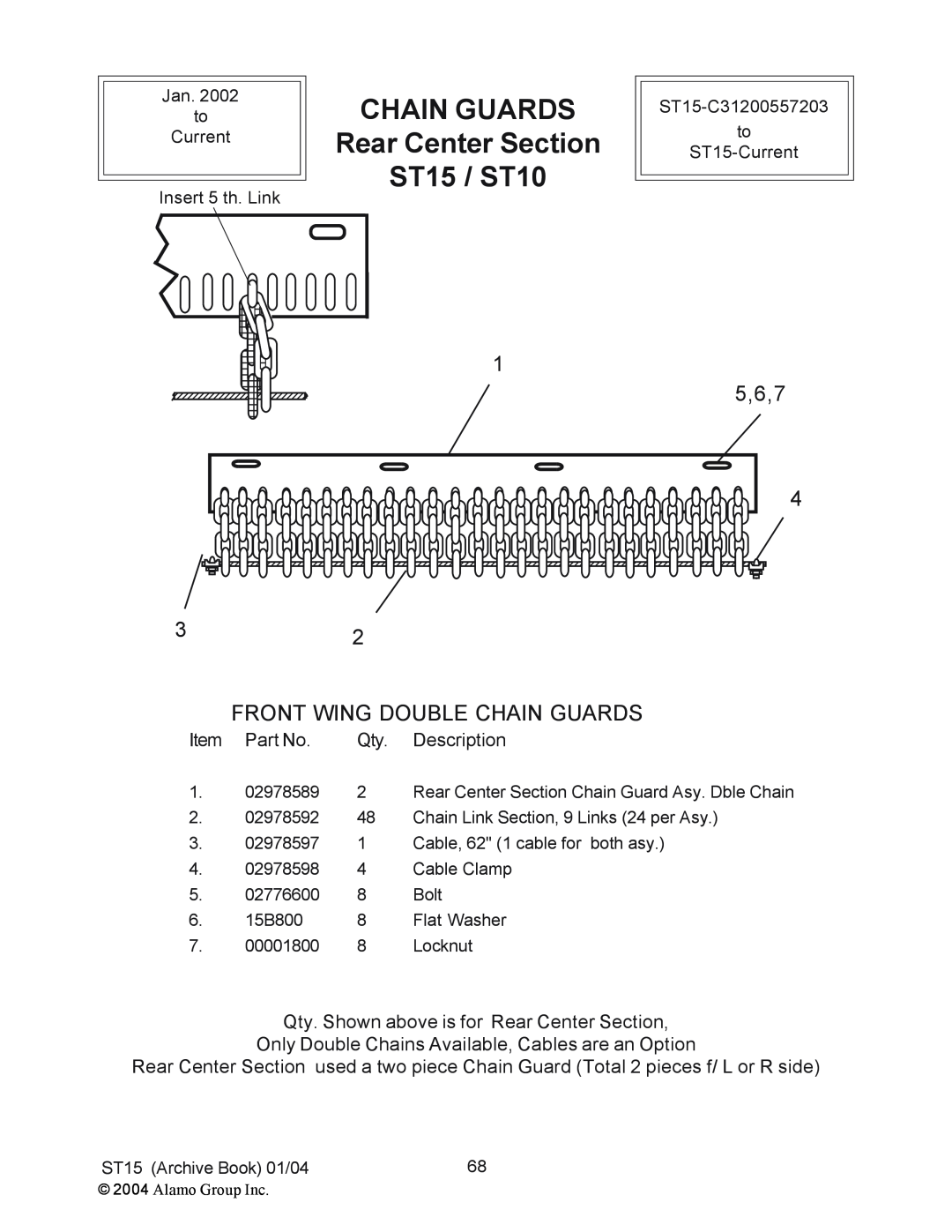 Alamo manual CHAIN GUARDS Rear Center Section ST15 / ST10, 5,6,7, Front Wing Double Chain Guards, Description 
