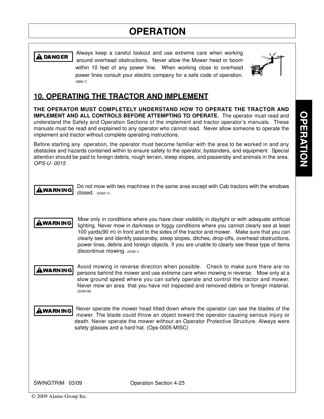 Alamo Swingtrim manual Operating the Tractor and Implement 