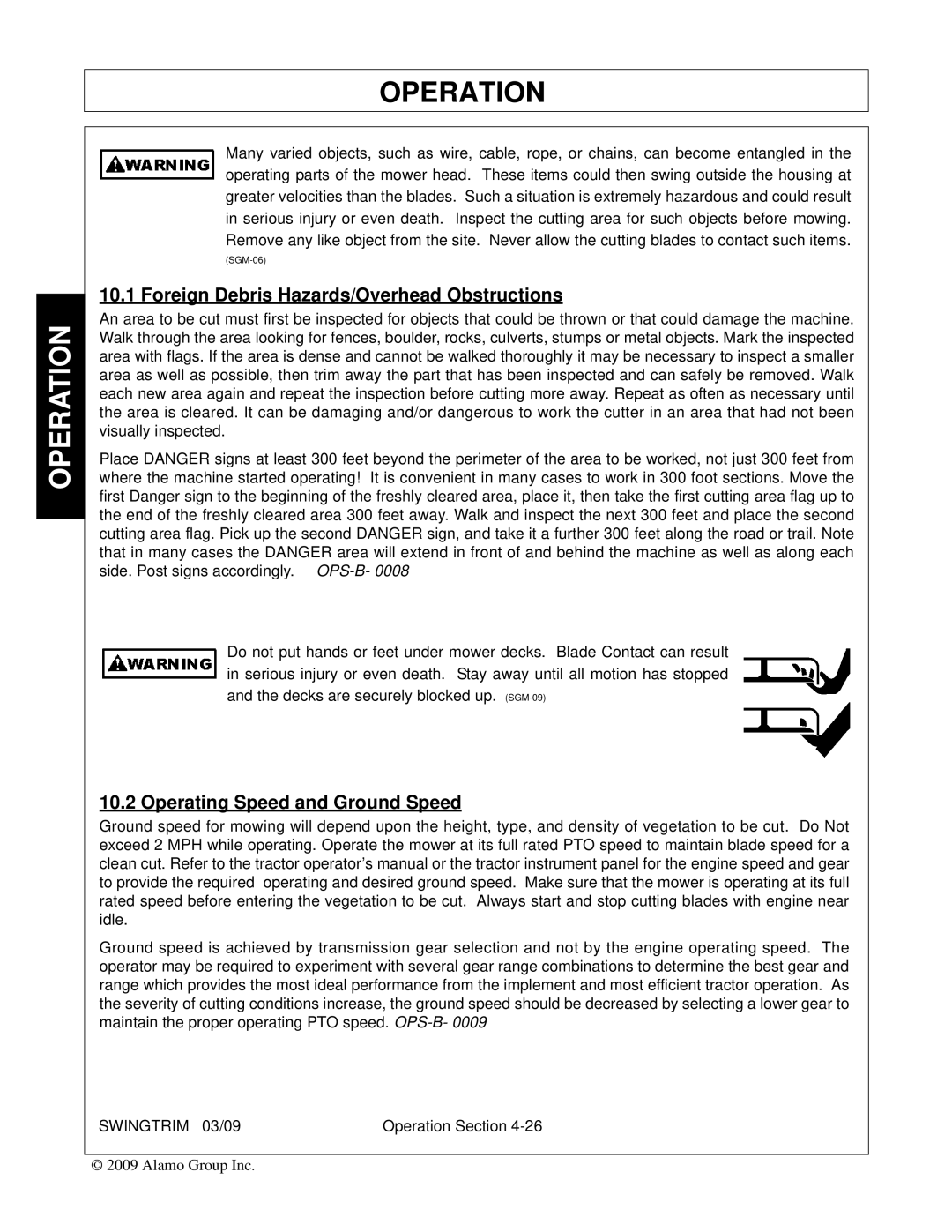 Alamo Swingtrim manual Foreign Debris Hazards/Overhead Obstructions, Operating Speed and Ground Speed 