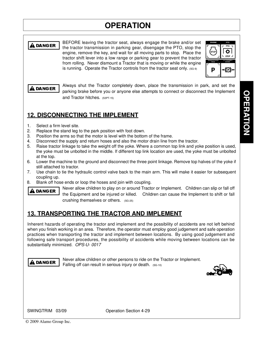 Alamo Swingtrim manual Disconnecting the Implement, Transporting the Tractor and Implement 