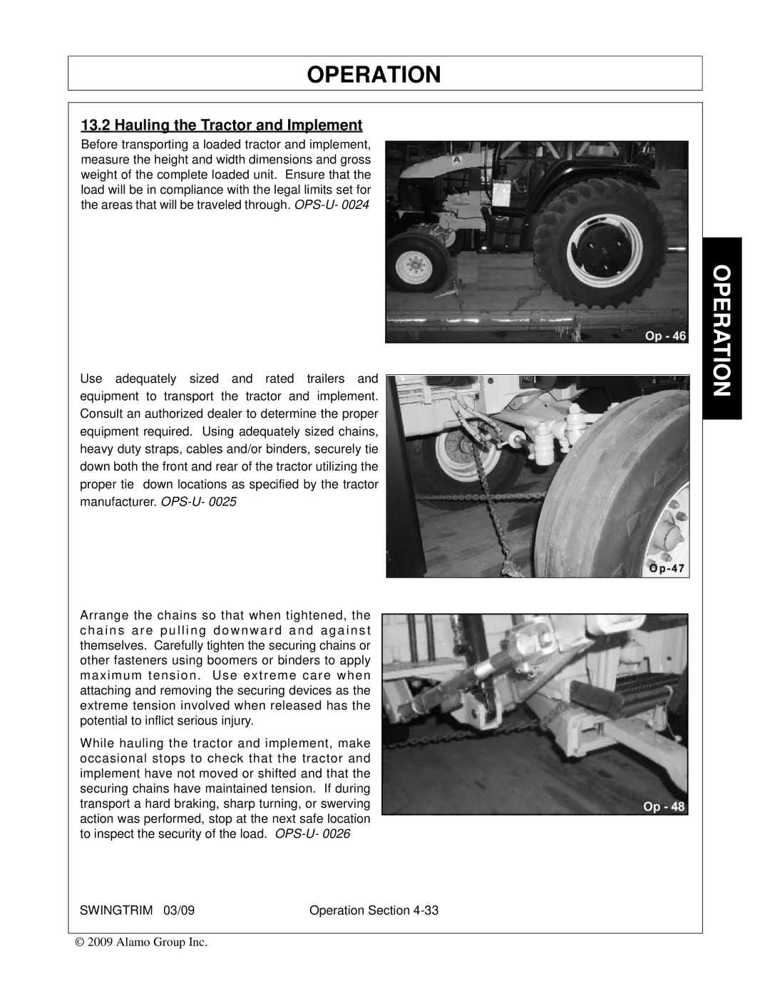 Alamo Swingtrim manual Hauling the Tractor and Implement 