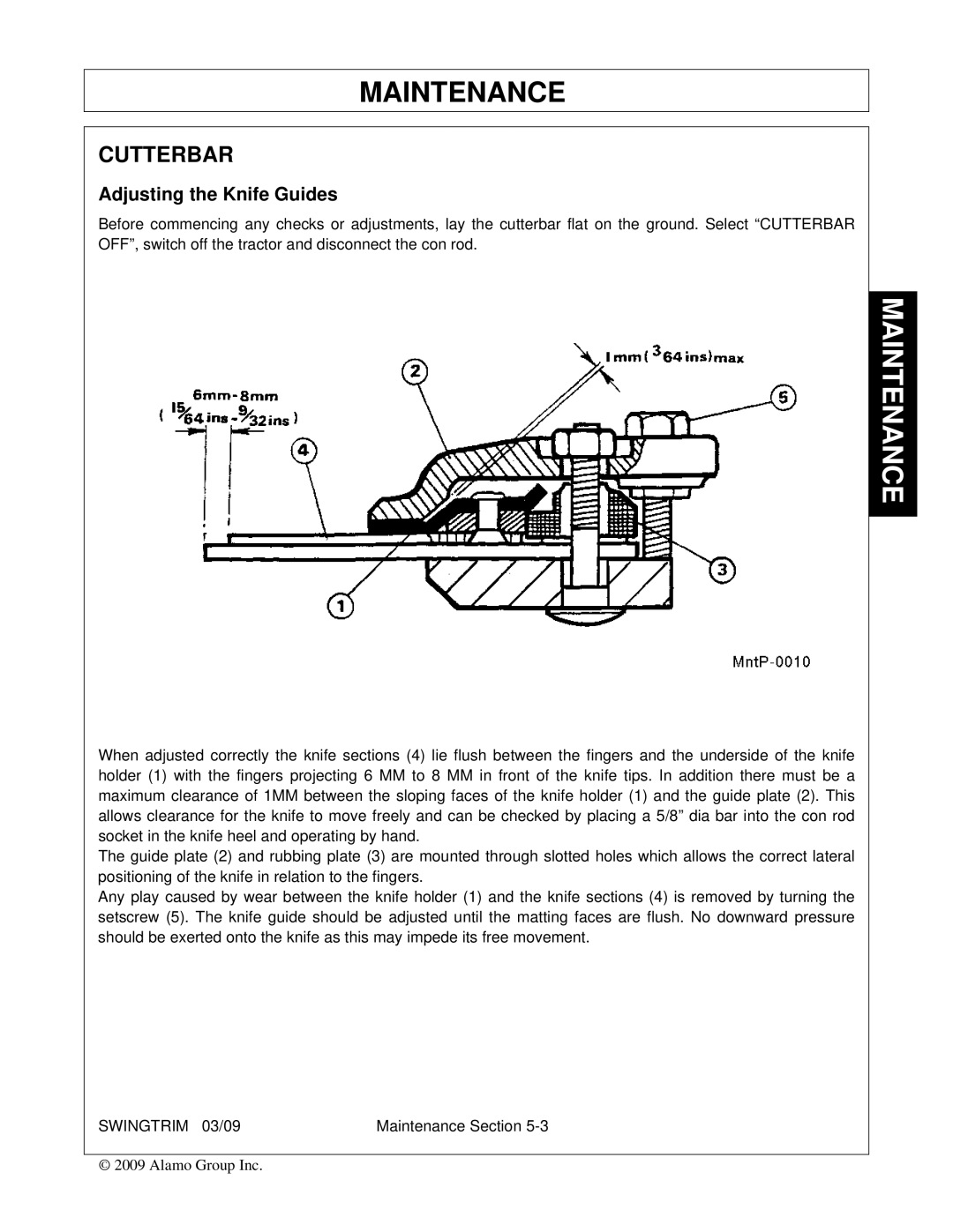 Alamo Swingtrim manual Cutterbar, Adjusting the Knife Guides 