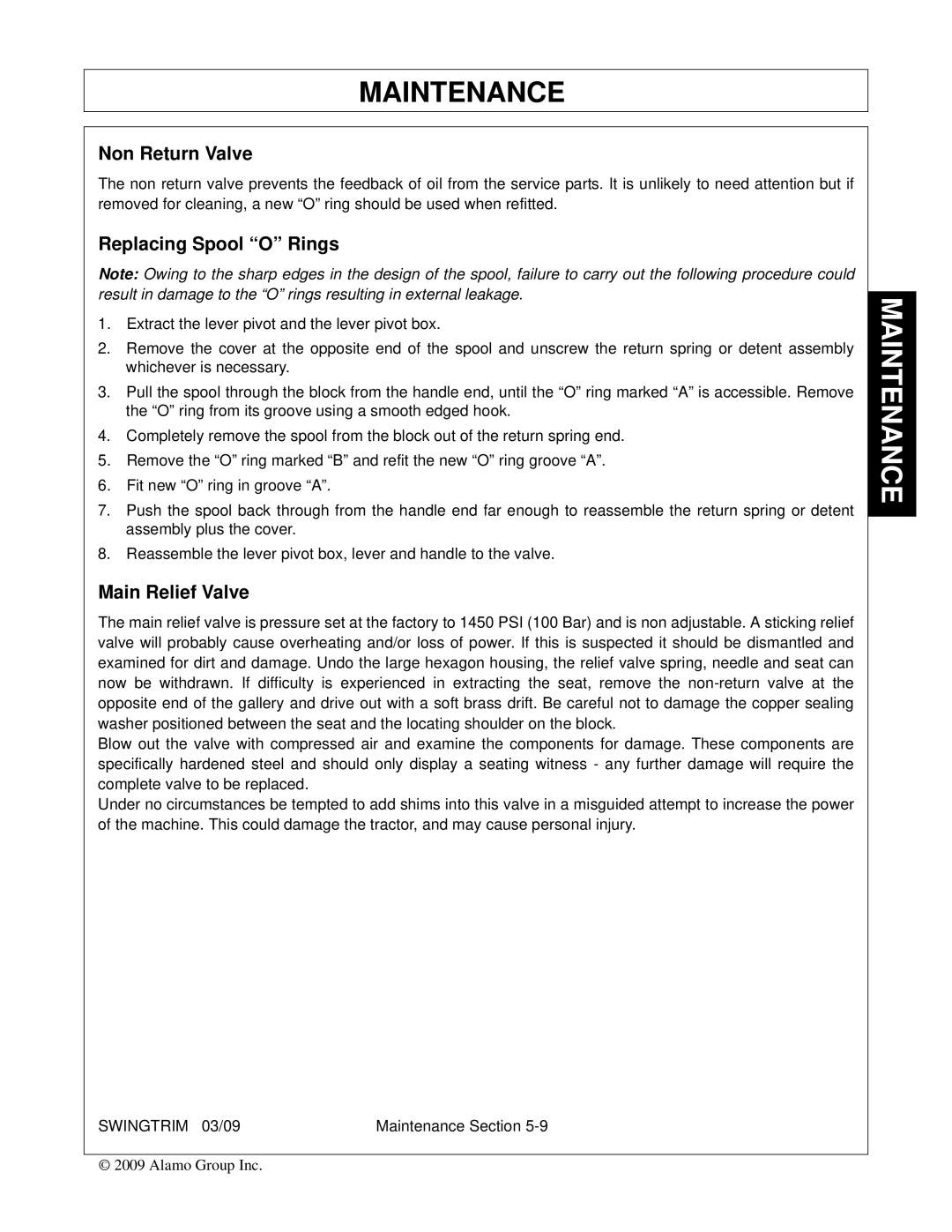 Alamo Swingtrim manual Non Return Valve, Replacing Spool O Rings, Main Relief Valve 