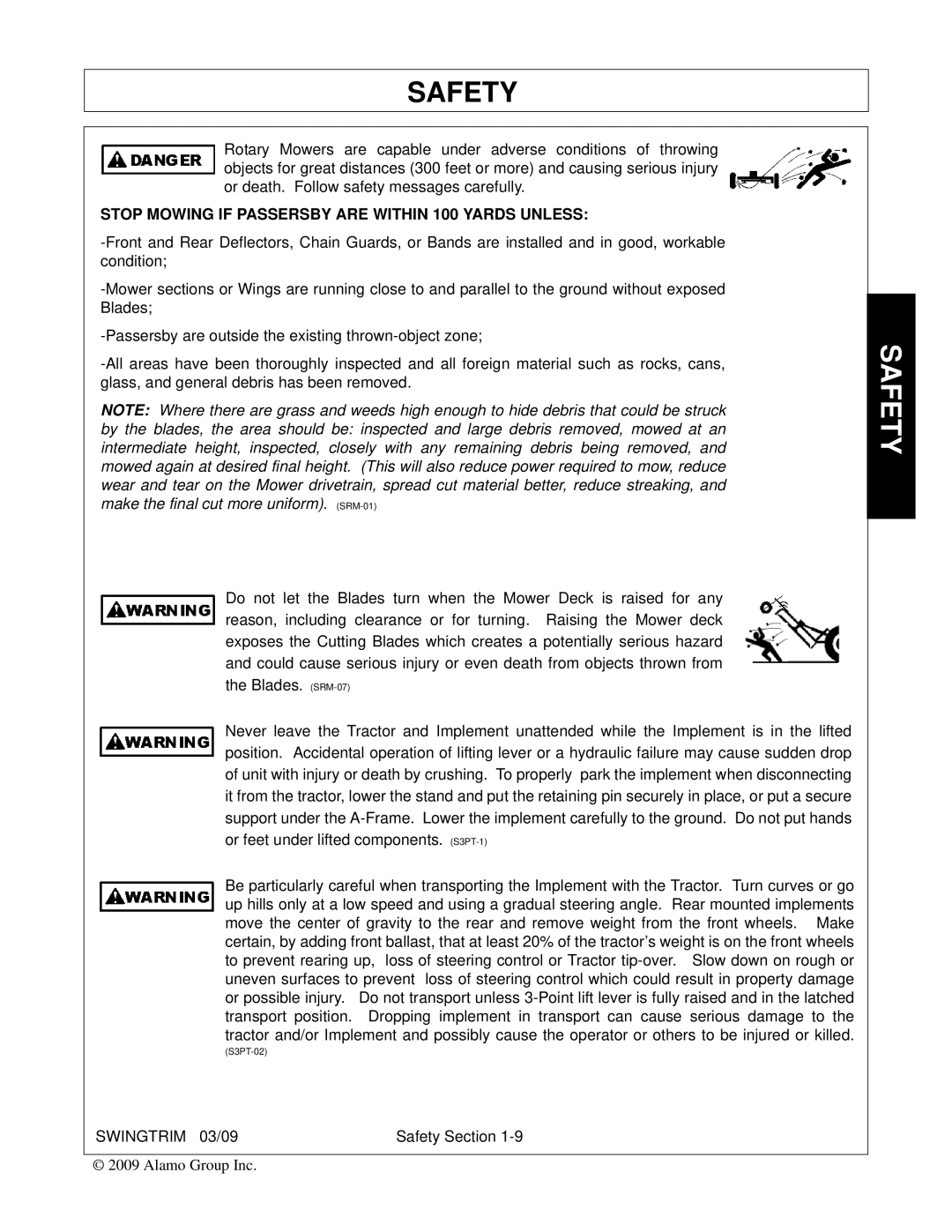 Alamo Swingtrim manual Stop Mowing if Passersby are Within 100 Yards Unless 