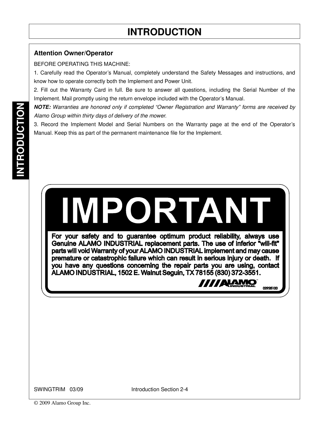 Alamo Swingtrim manual Before Operating this Machine 