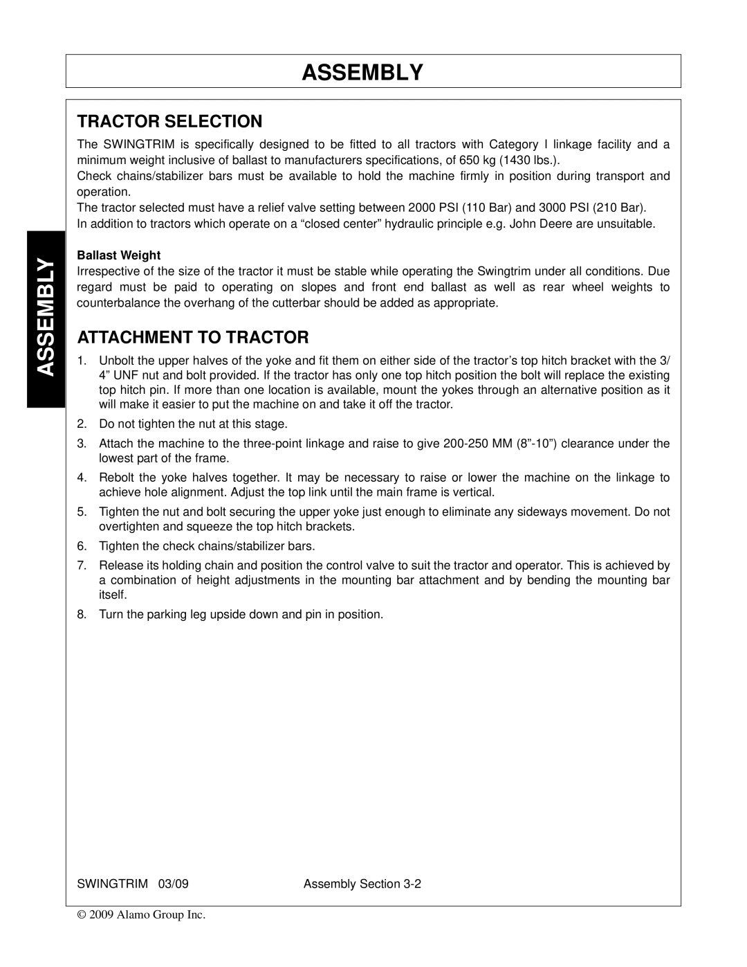 Alamo Swingtrim manual Tractor Selection, Attachment to Tractor 