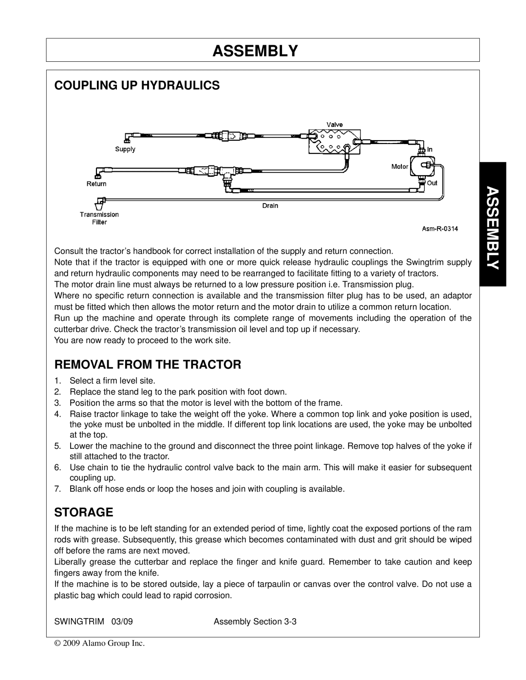 Alamo Swingtrim manual Coupling UP Hydraulics, Removal from the Tractor, Storage 