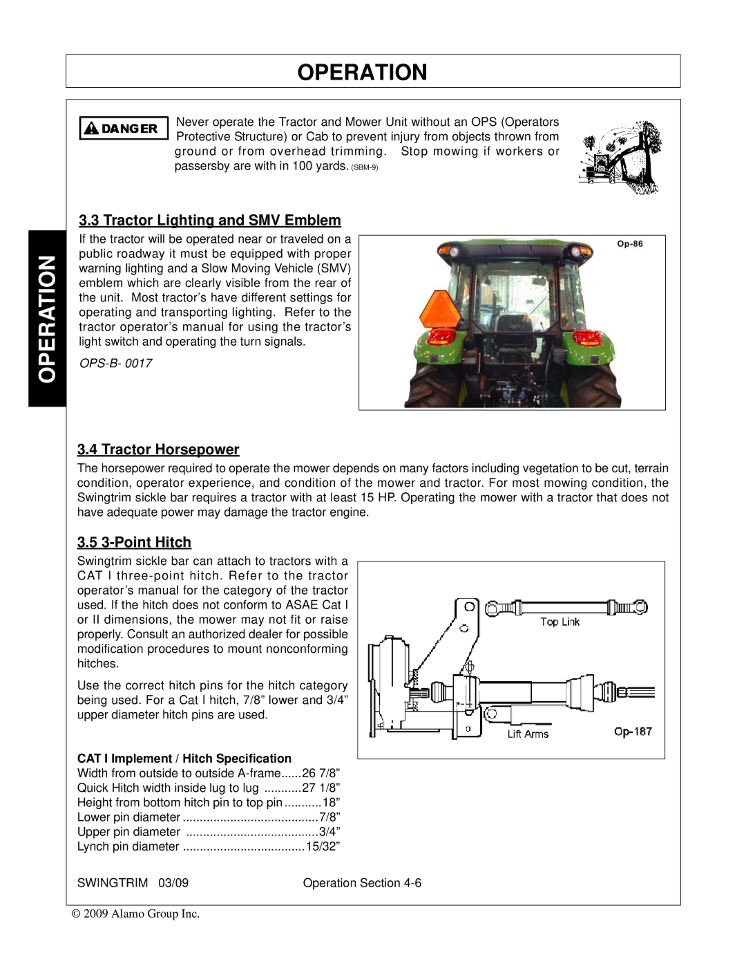 Alamo Swingtrim manual Tractor Lighting and SMV Emblem, Tractor Horsepower, Point Hitch 