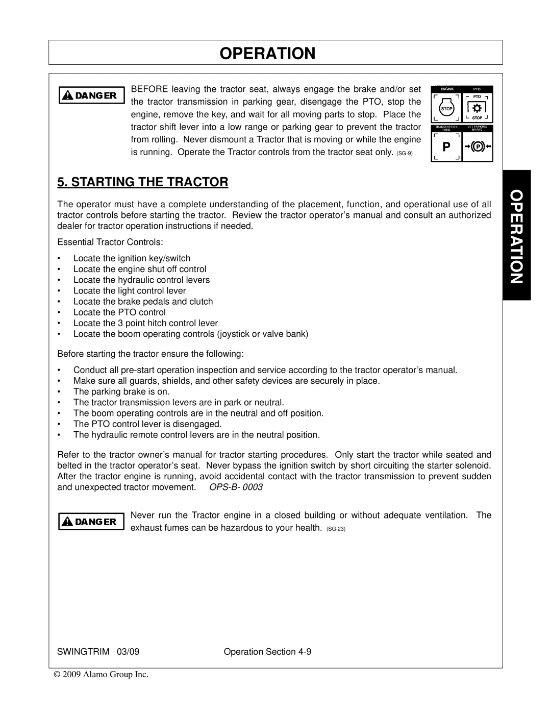 Alamo Swingtrim manual Starting the Tractor 