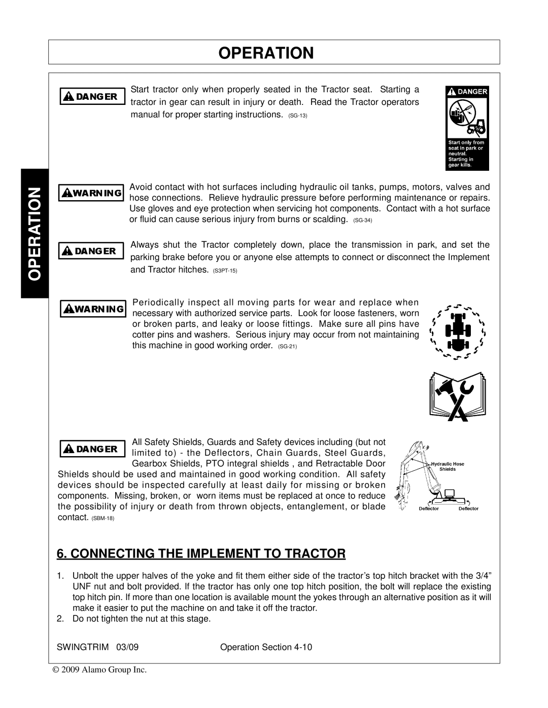 Alamo Swingtrim manual Connecting the Implement to Tractor 