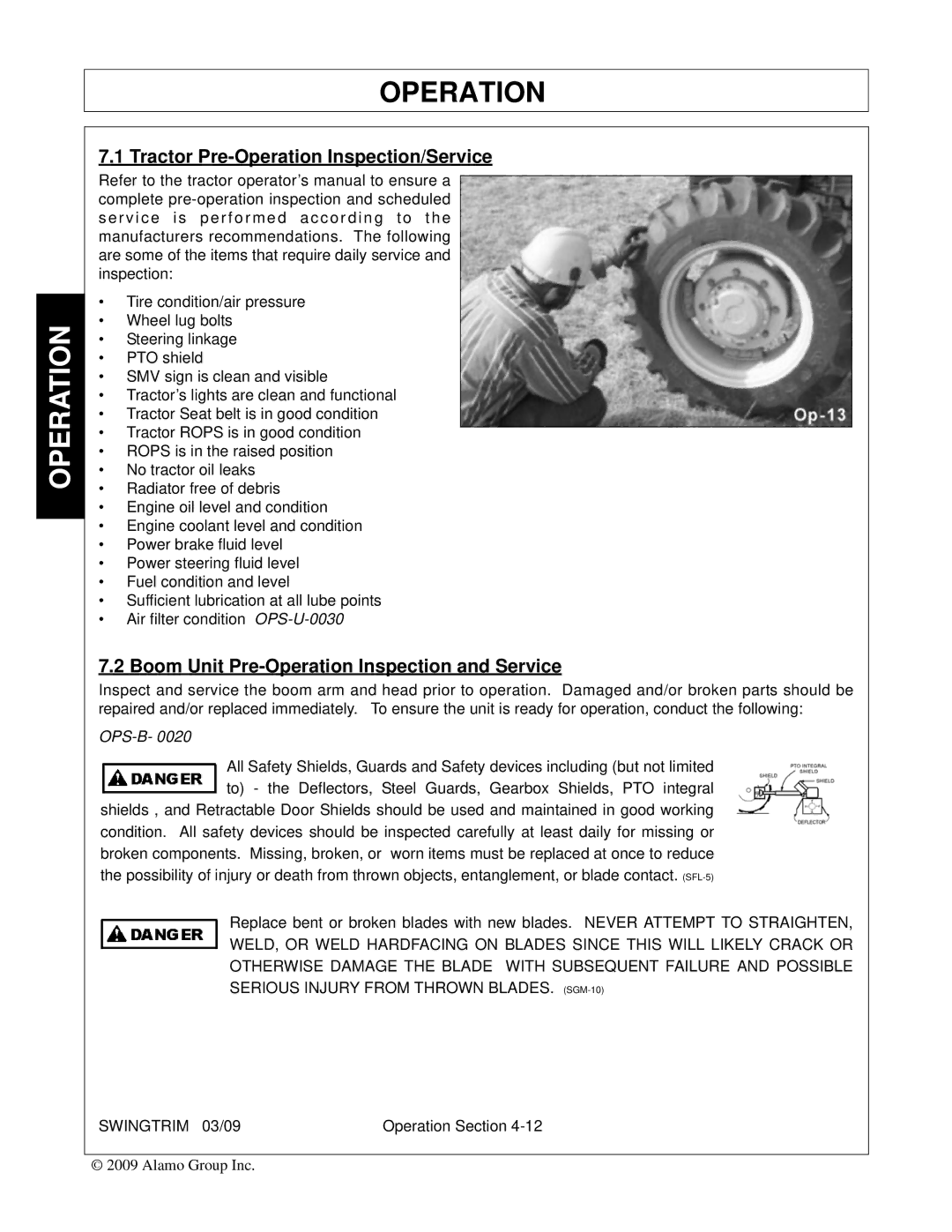 Alamo Swingtrim manual Tractor Pre-Operation Inspection/Service, Boom Unit Pre-Operation Inspection and Service 