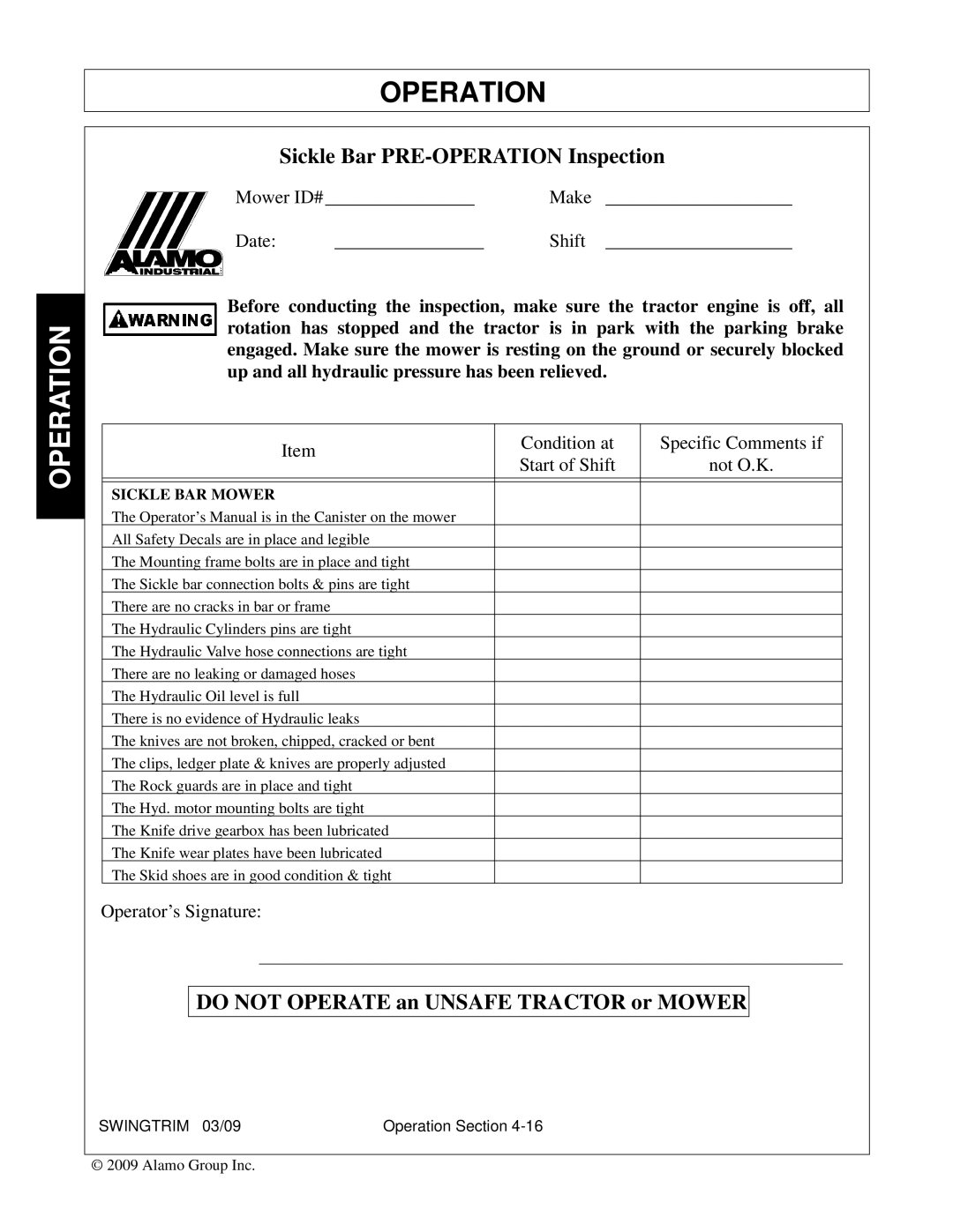 Alamo Swingtrim manual Do not Operate an Unsafe Tractor or Mower 