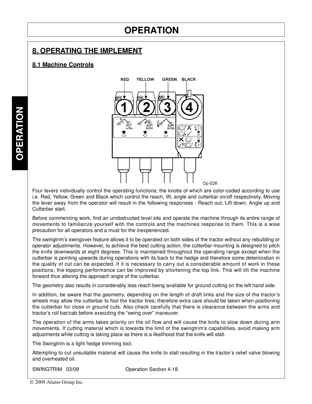 Alamo Swingtrim manual Operating the Implement, Machine Controls 