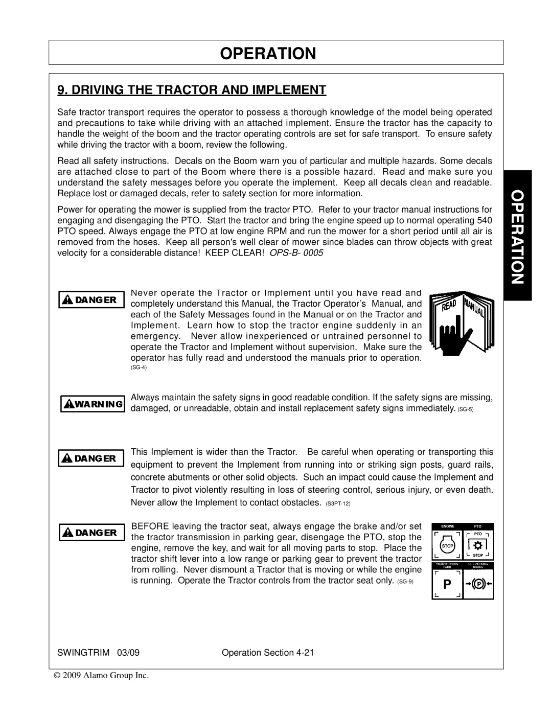 Alamo Swingtrim manual Driving the Tractor and Implement 