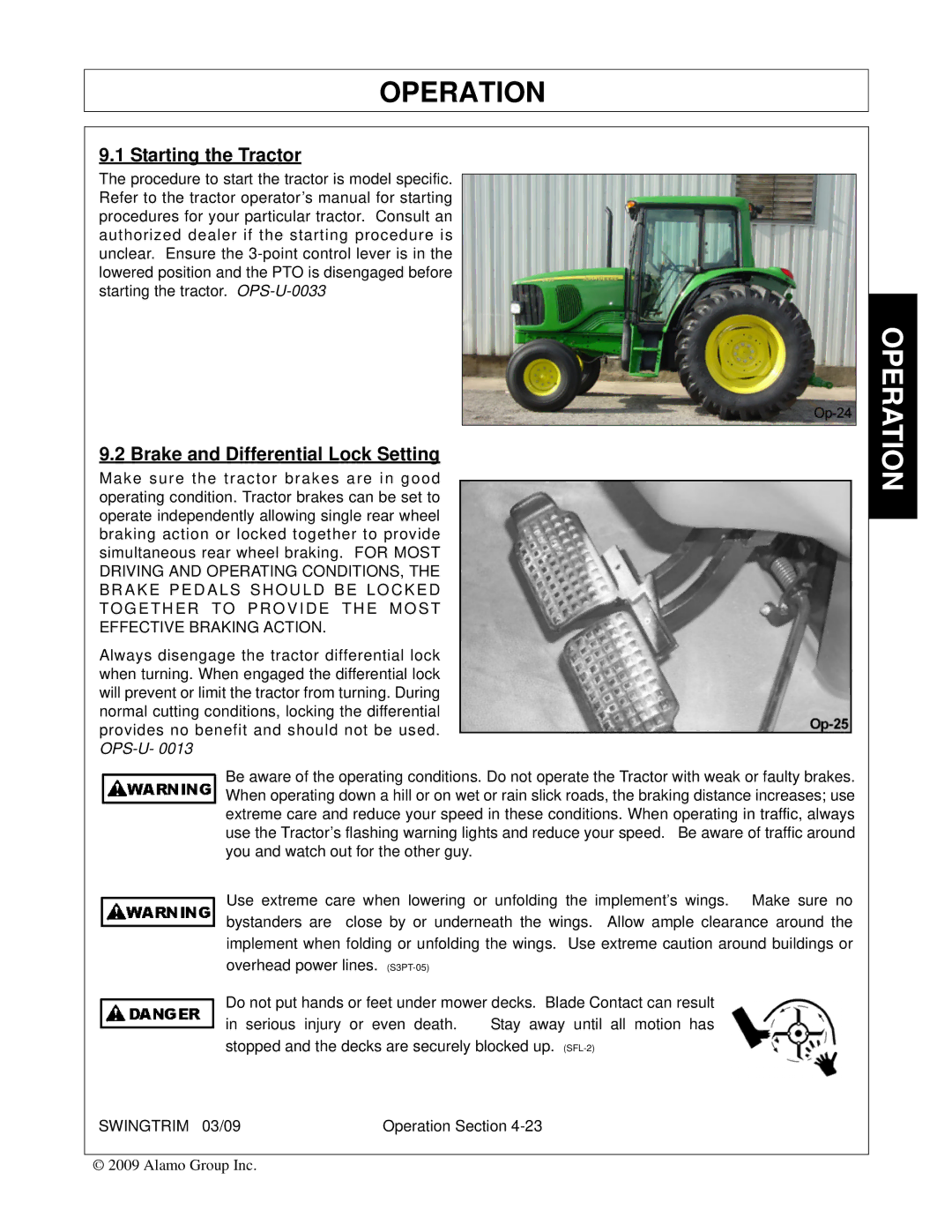 Alamo Swingtrim manual Starting the Tractor, Brake and Differential Lock Setting 