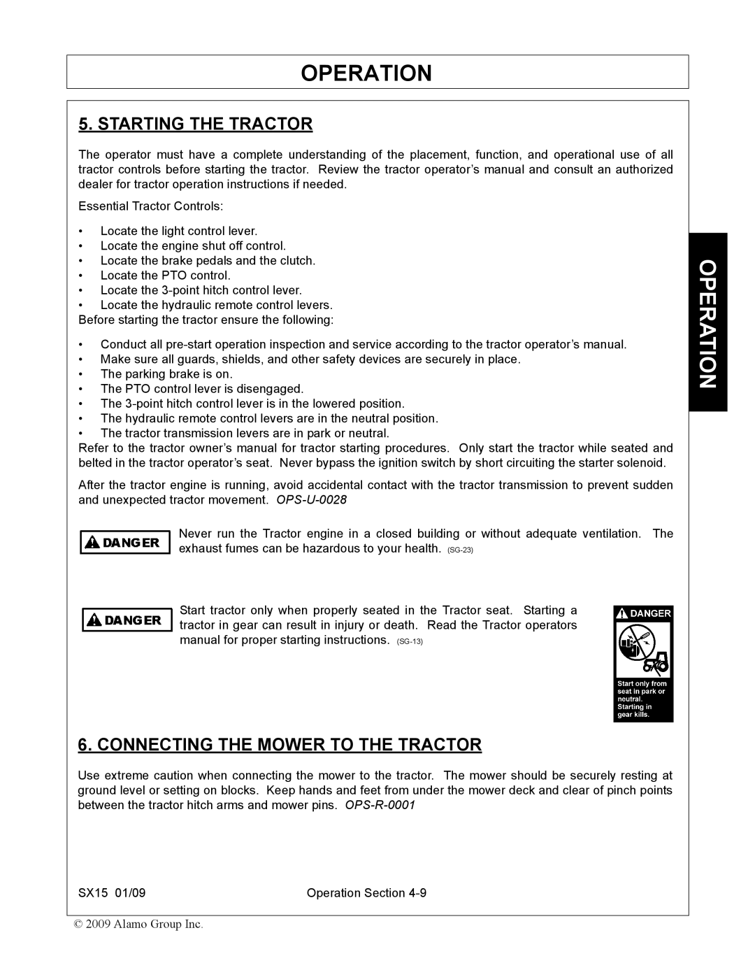 Alamo SX15 manual Starting the Tractor, Connecting the Mower to the Tractor 