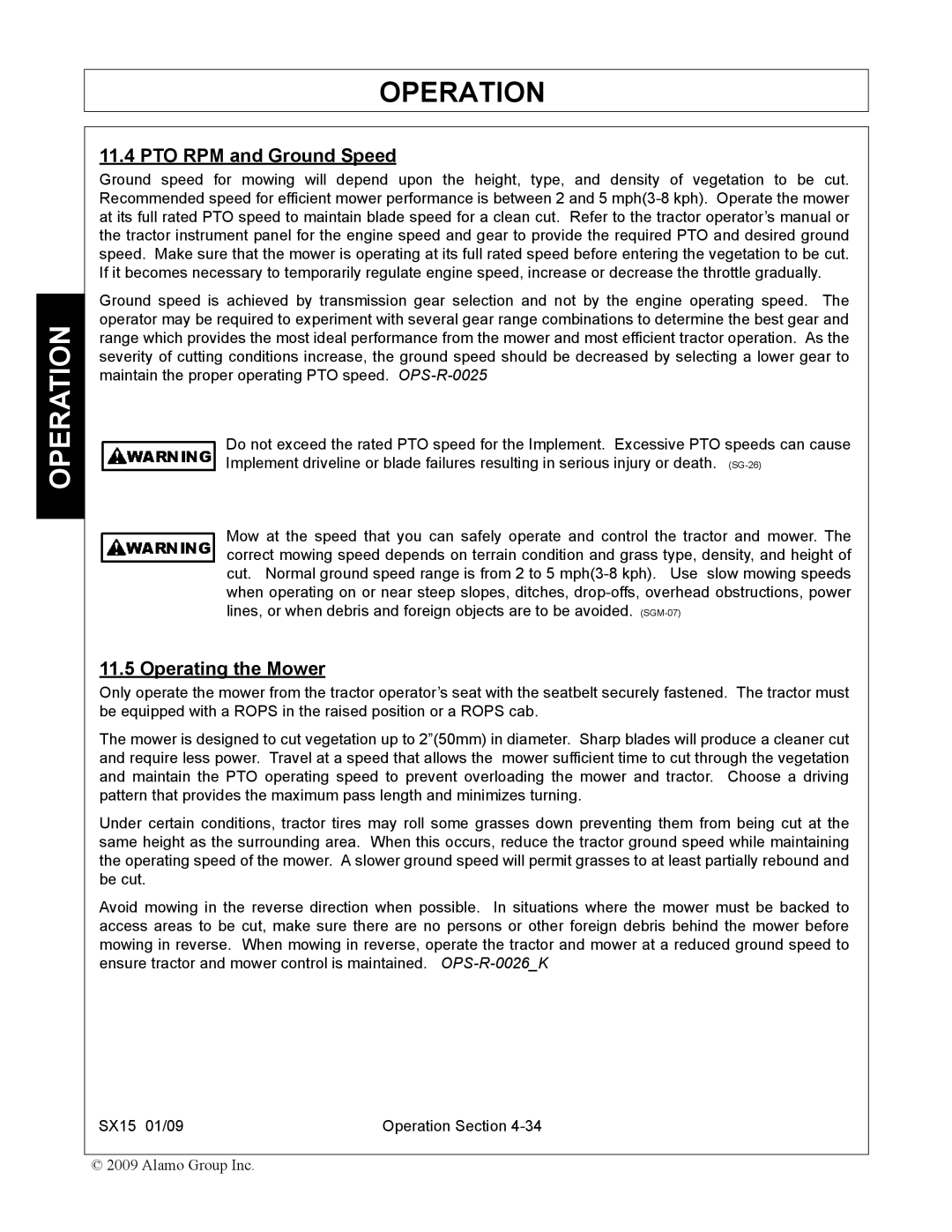 Alamo SX15 manual PTO RPM and Ground Speed, Operating the Mower 