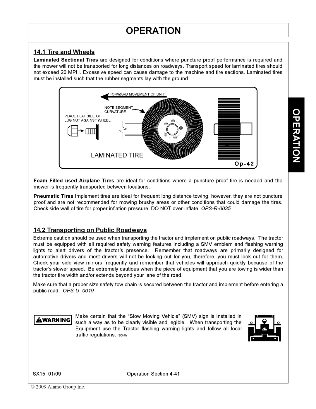 Alamo SX15 manual Tire and Wheels, Transporting on Public Roadways 