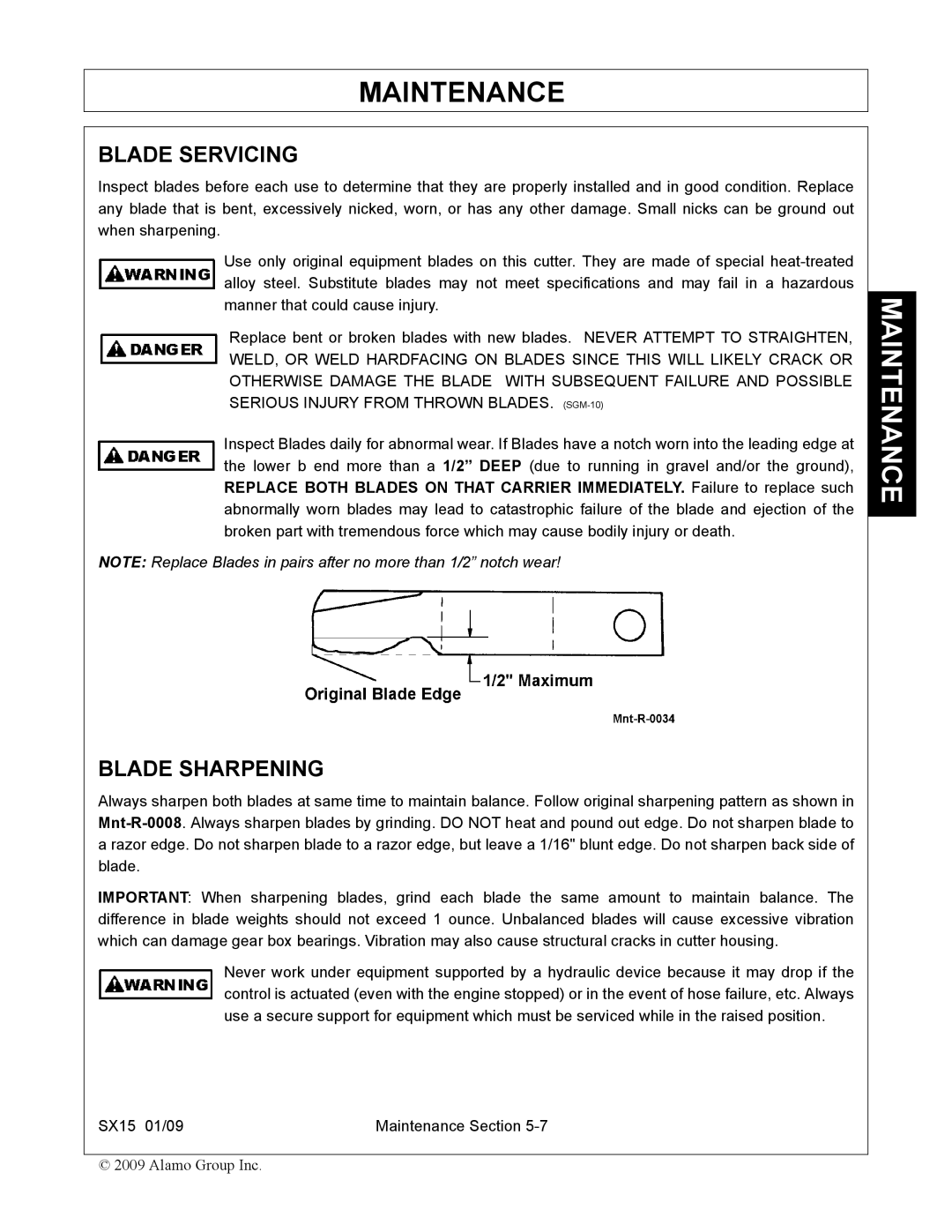 Alamo SX15 manual Blade Servicing, Blade Sharpening 