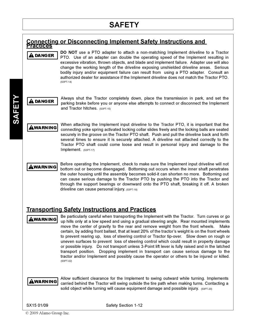 Alamo SX15 manual Transporting Safety Instructions and Practices 