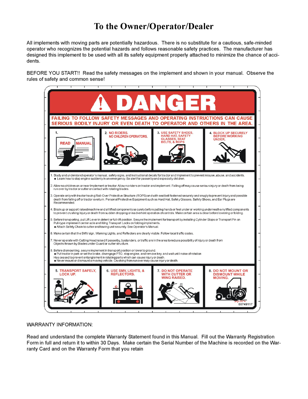 Alamo SX15 manual To the Owner/Operator/Dealer 