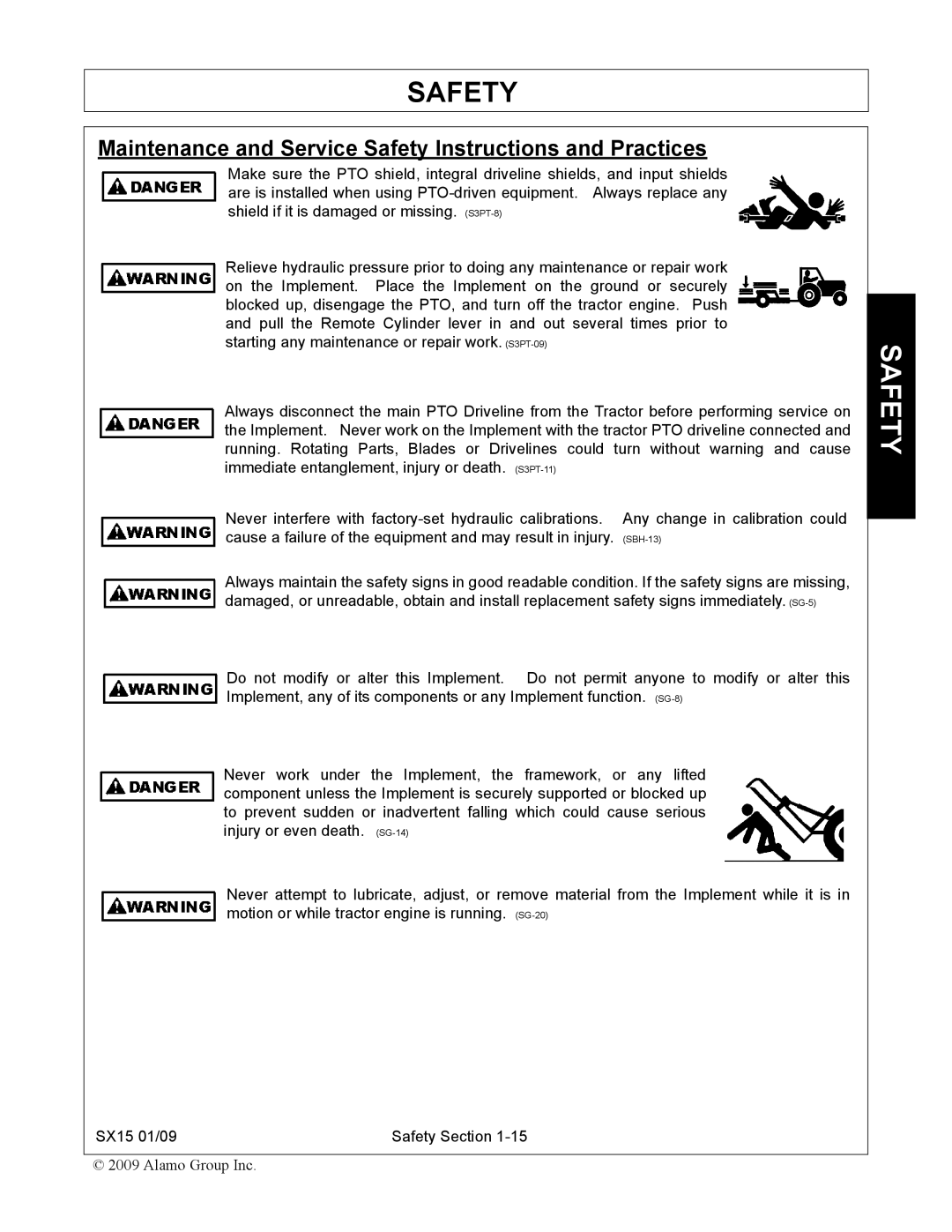 Alamo SX15 manual Maintenance and Service Safety Instructions and Practices 