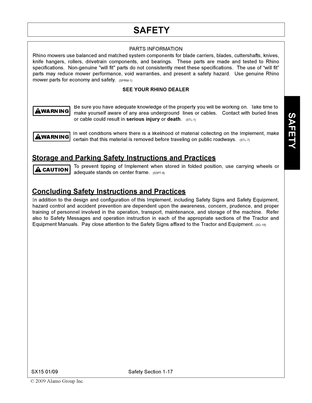 Alamo SX15 manual Storage and Parking Safety Instructions and Practices 