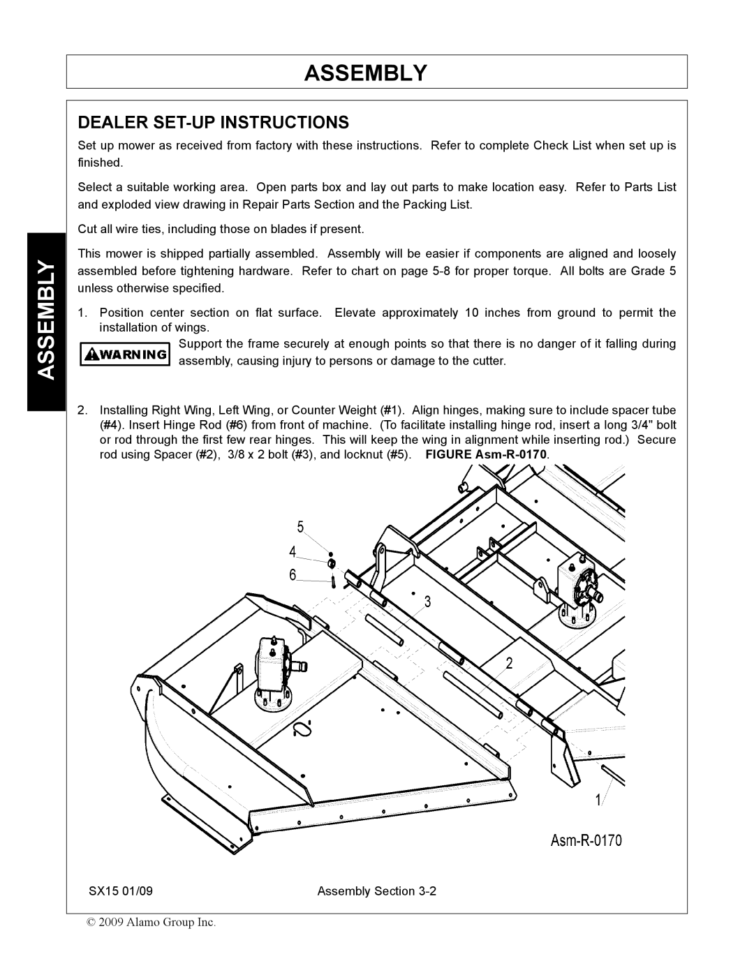 Alamo SX15 manual Assembly, Dealer SET-UP Instructions 