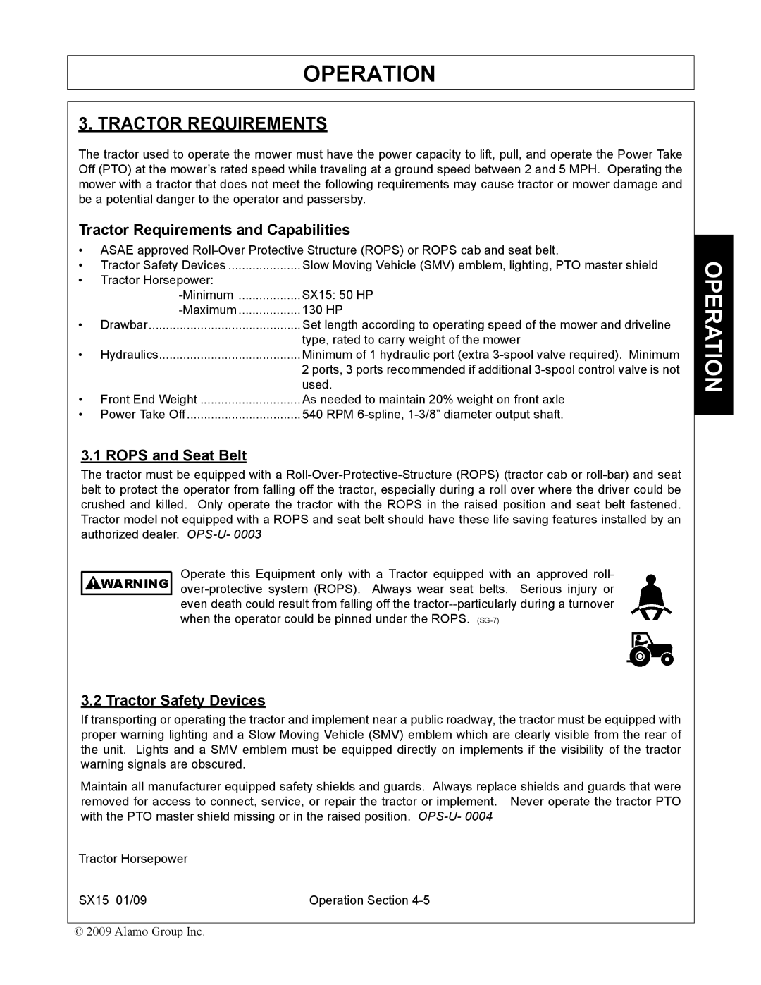 Alamo SX15 manual Tractor Requirements and Capabilities, Rops and Seat Belt, Tractor Safety Devices 