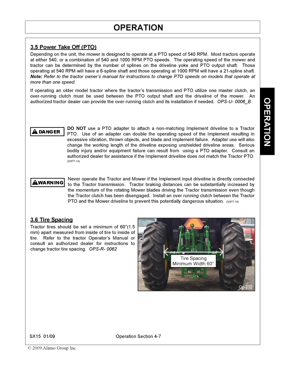 Alamo SX15 manual Power Take Off PTO, Tire Spacing 