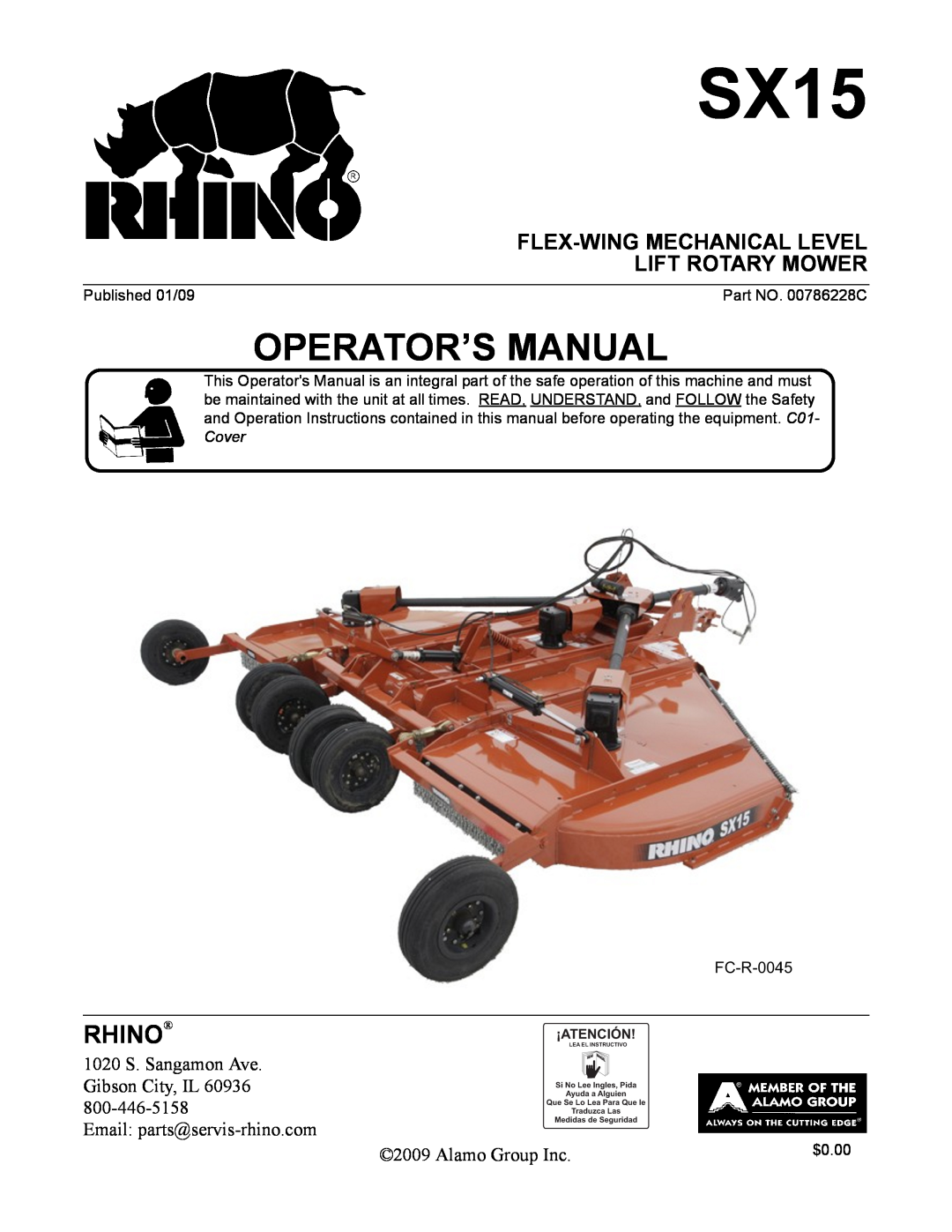 Alamo SX15 manual Rhino, Flex-Wing Mechanical Level Lift Rotary Mower, Operator’S Manual 