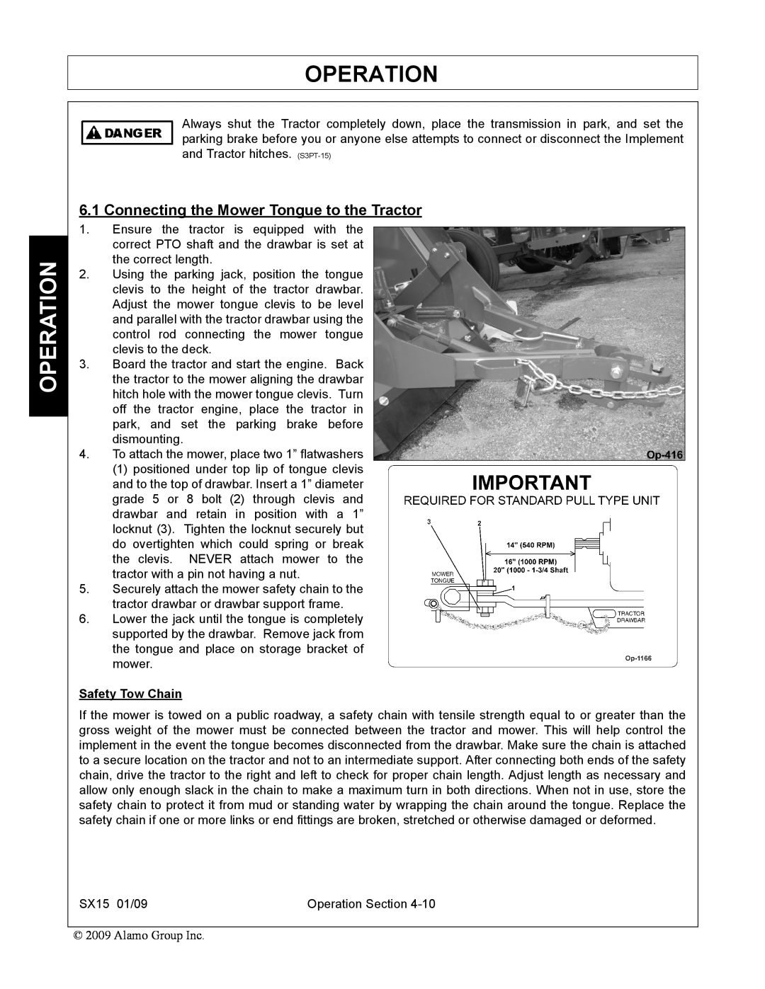 Alamo SX15 manual Connecting the Mower Tongue to the Tractor, Operation, Safety Tow Chain 