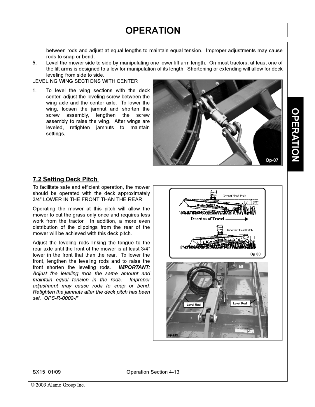 Alamo SX15 manual Setting Deck Pitch, Operation 