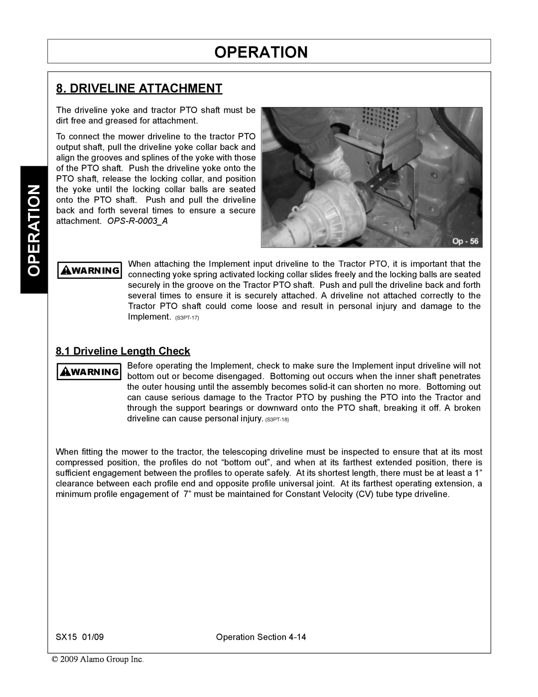 Alamo SX15 manual Driveline Attachment, Driveline Length Check, Operation 