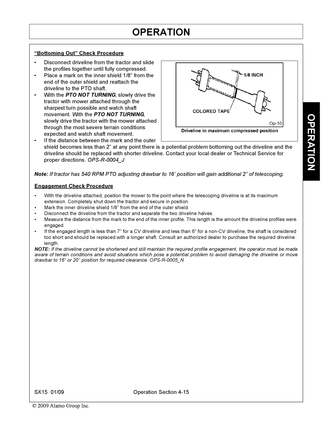 Alamo SX15 manual Operation, “Bottoming Out” Check Procedure, Engagement Check Procedure 