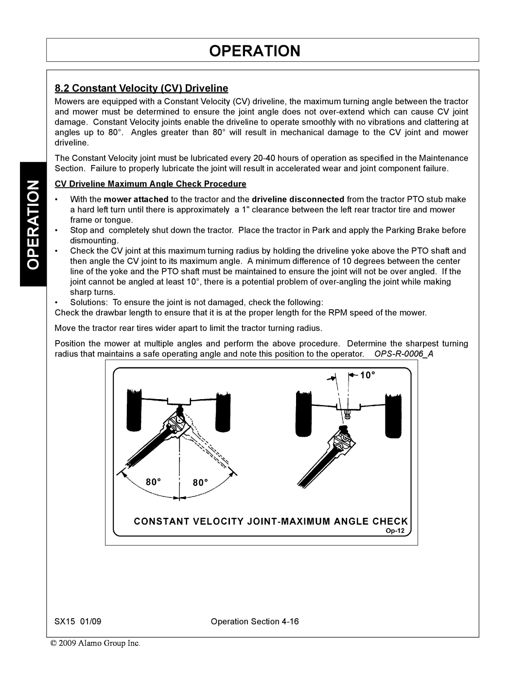 Alamo SX15 manual Constant Velocity CV Driveline, Operation, CV Driveline Maximum Angle Check Procedure 