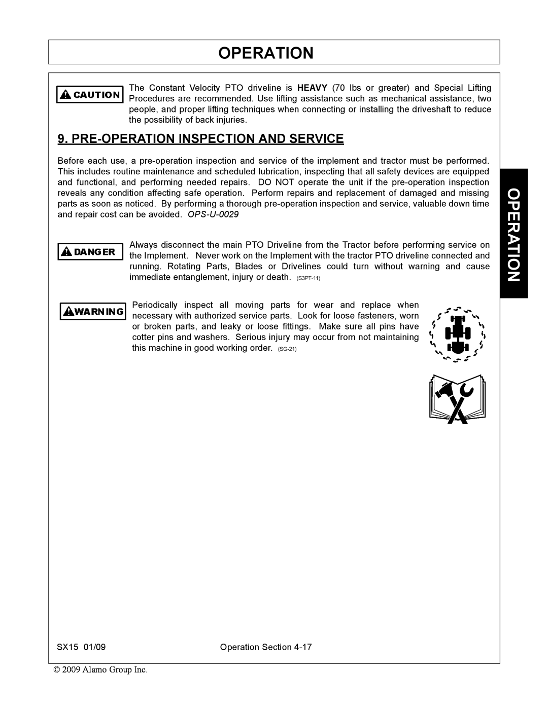 Alamo SX15 manual Pre-Operation Inspection And Service 