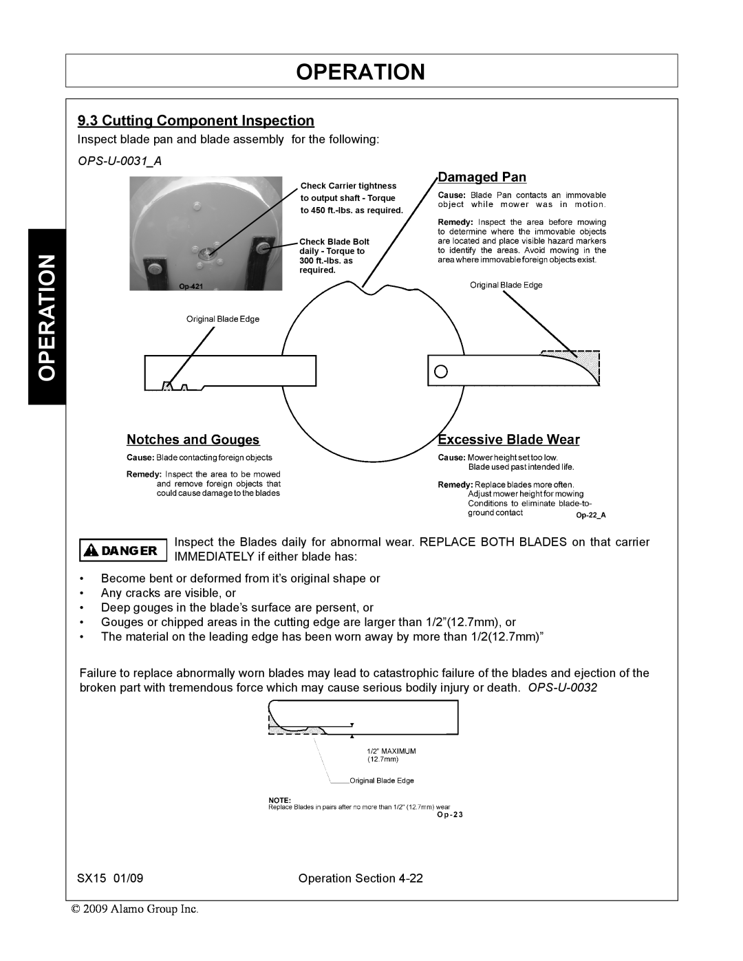 Alamo SX15 manual Cutting Component Inspection, Operation, OPS-U-0031A 