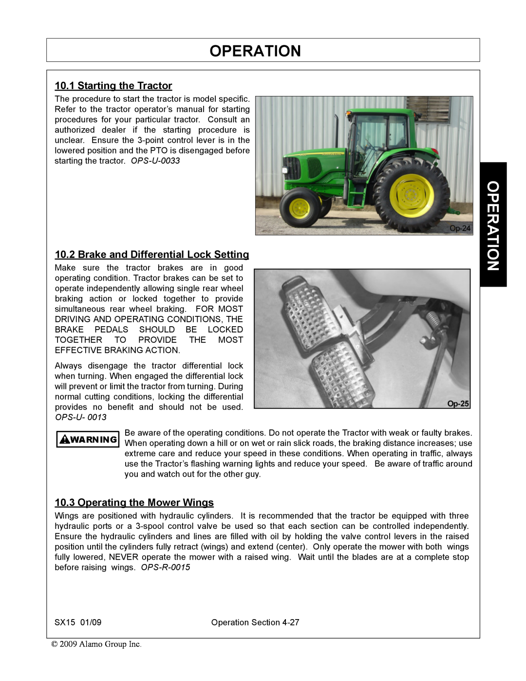 Alamo SX15 manual Starting the Tractor, Brake and Differential Lock Setting, Operating the Mower Wings, Operation 