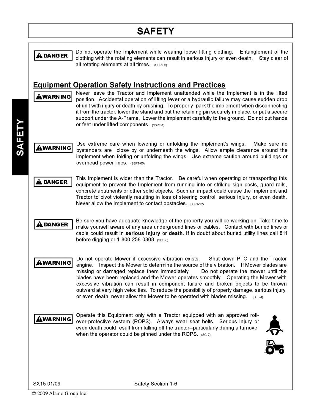Alamo SX15 manual Equipment Operation Safety Instructions and Practices 