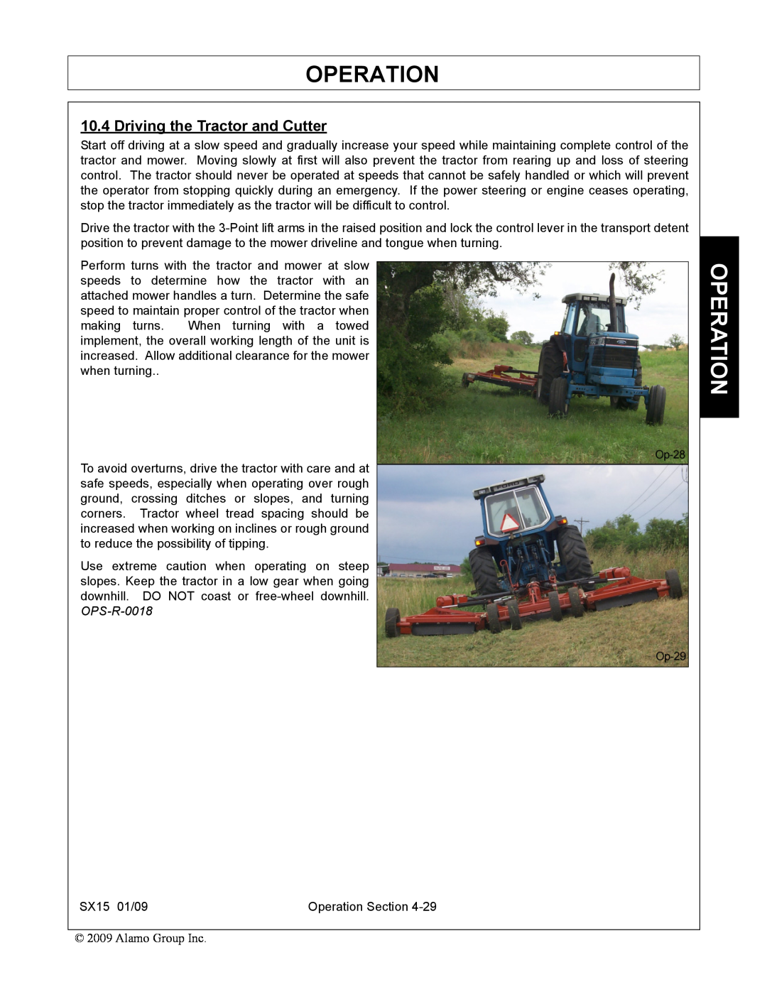 Alamo SX15 manual Driving the Tractor and Cutter, Operation 