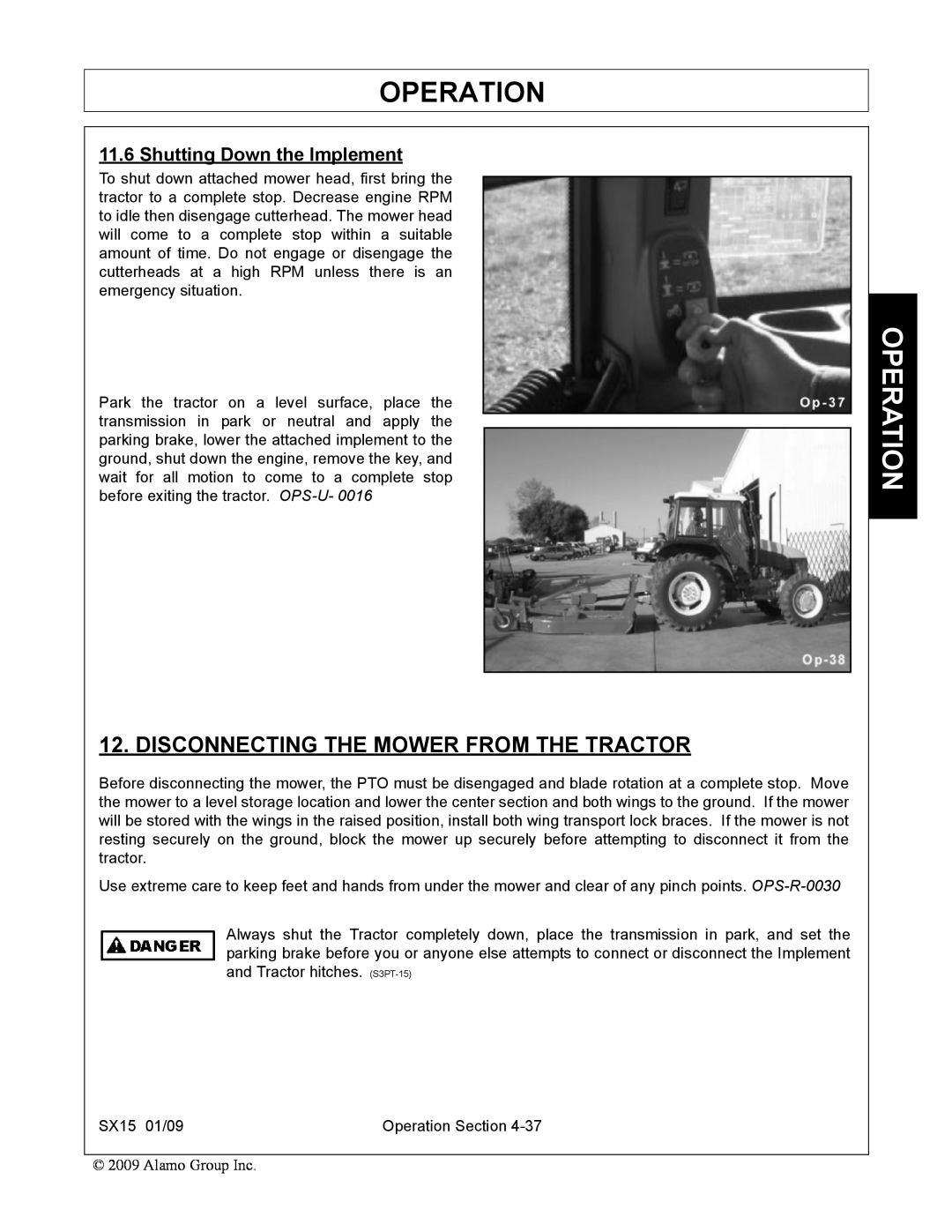 Alamo SX15 manual Disconnecting The Mower From The Tractor, Shutting Down the Implement, Operation 